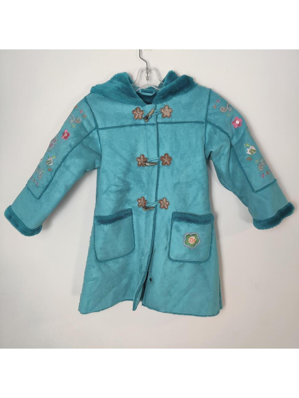 Souris Mini Girls Turquoise Faux Suede Hooded Coat Size 7